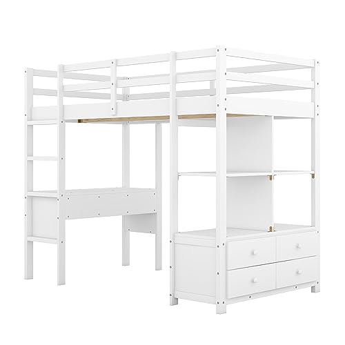 Full Size Loft Bed Frame with Desk and Storage, Solid Wood P683