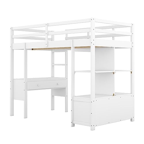 Full Size Loft Bed Frame with Desk and Storage, Solid Wood P683