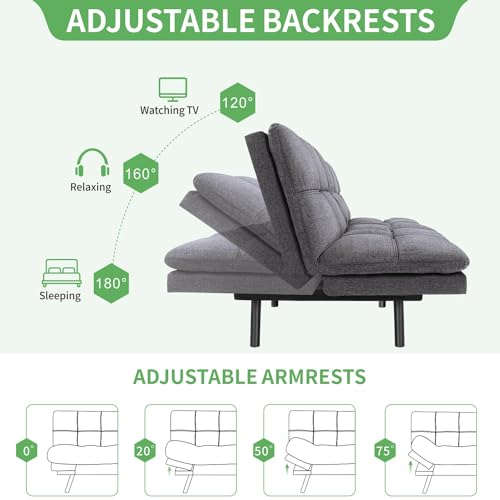 Futon Sofa Bed with Memory Foam, Convertible Sleeper for Small Spaces, Grey T7192