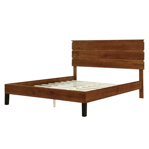 Mid-Century Modern Solid Wood Bed Frame Queen Size Platform Bed with Three-Piece Headboard Design, No Box Spring Needed, Brown