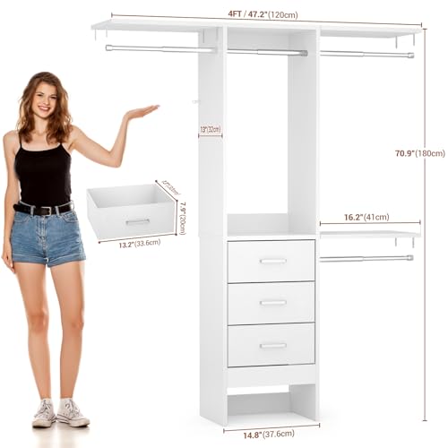 Small Closet Organizer with 3 Fabric Drawers and Adjustable Shelves M3908