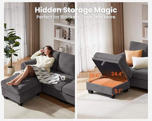 Modular Sectional Couch, Corduroy L Shaped Sleeper Sofa with Storage Ottoman W472