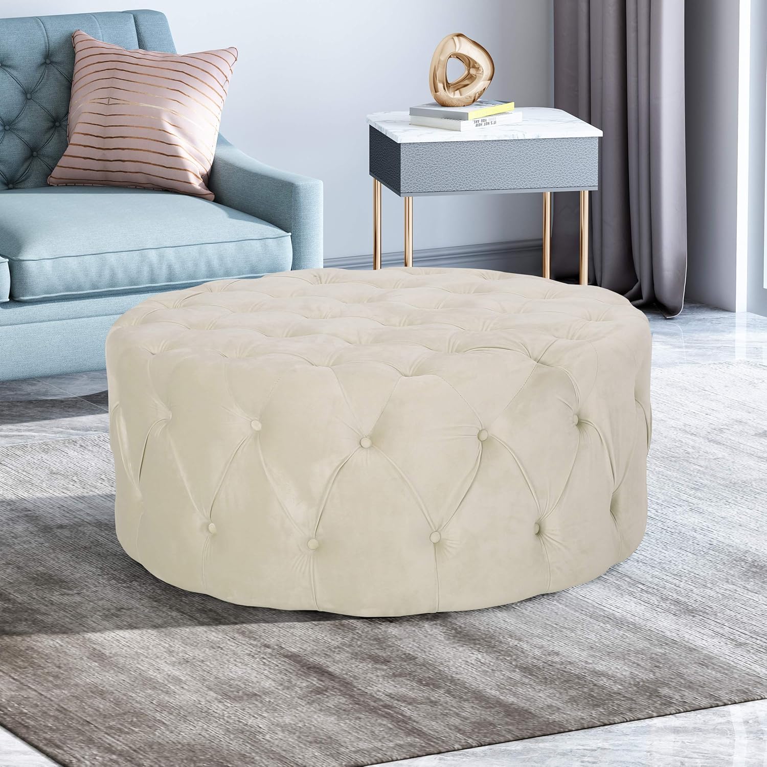 Round Tufted Velvet Ottoman, Beige Z192983
