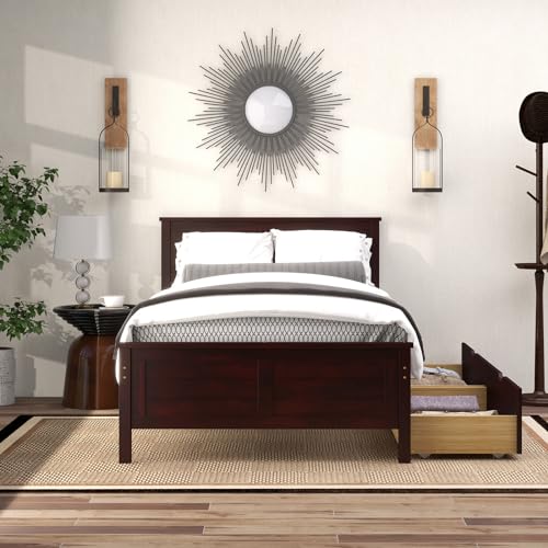 Twin Size Bed Frame with 2 Drawers and Solid Wood Headboard T9379