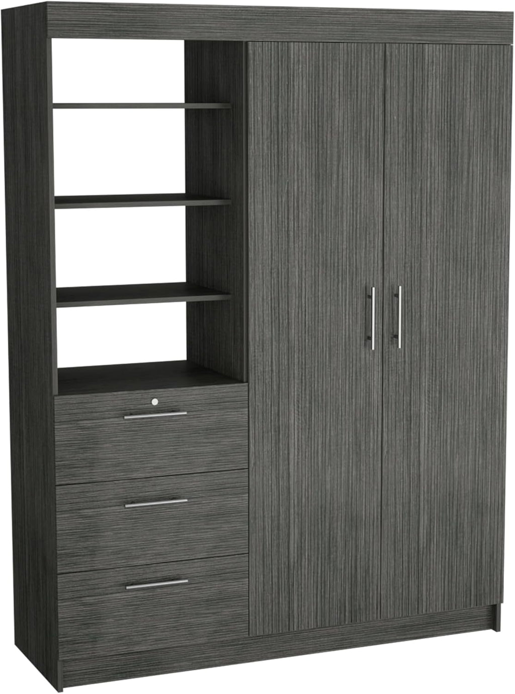 Wooden Wardrobe with 2 Doors, 3 Drawers, Shelves and Hanging Rod L67527