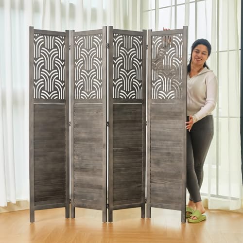 5.6 Ft Room Divider, Wood Carved Wall Divider Indoor Folding Portable Partition Screen for Home Office Garden Terrace - 4 Panel (Gray)