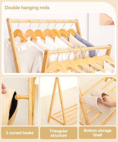 Bamboo Clothes Rack with Storage Shelf, Foldable Garment Rack V713923