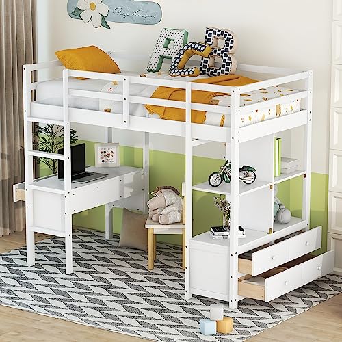Full Size Loft Bed Frame with Desk and Storage, Solid Wood P683