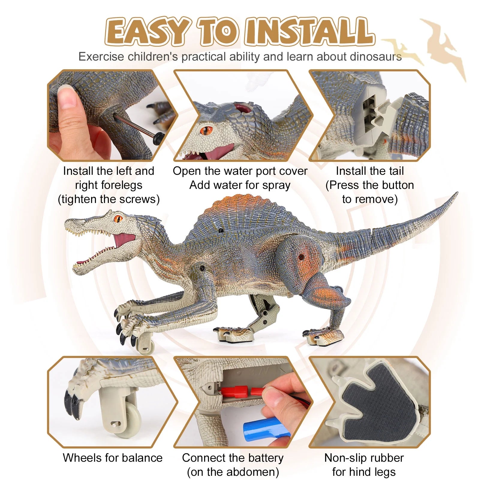 Remote Control Dinosaur Toys, Electronic Walking Robotic Dinosaur with Light Chasing and Spraying, RC Dinosaur for Kids Ages 3-12 D53495