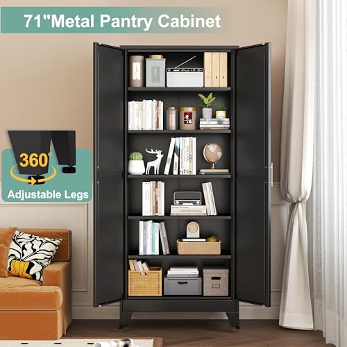 Metal Pantry Cabinet with 2 Doors and 5 Adjustable Shelves, 75" Kitchen Storage, White K306