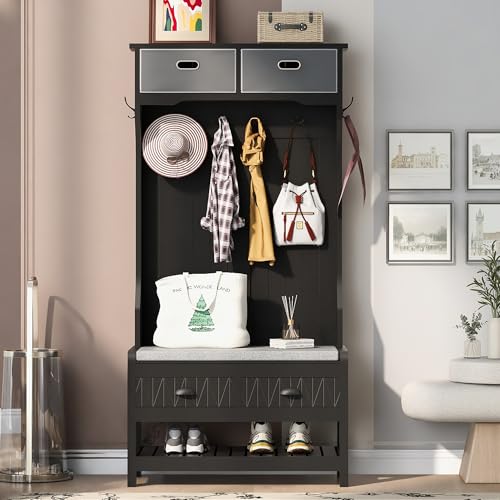 Hall Tree with Bench and Shoe Storage, 3-in-1 Entryway Ottoman with Coat Rack, Black V8425