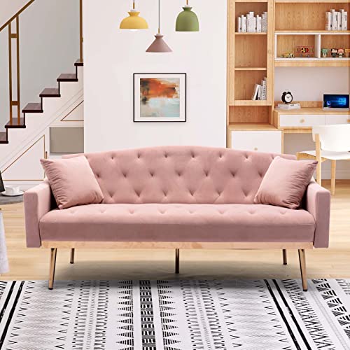 TMEOSK 65" Velvet Convertible Futon Sofa Bed with 2 Pillows, Modern Couch Loveseat Sofa, Folding Accent Sofa Sleeper Recliner for Home Living Room Bedroom (Navy)