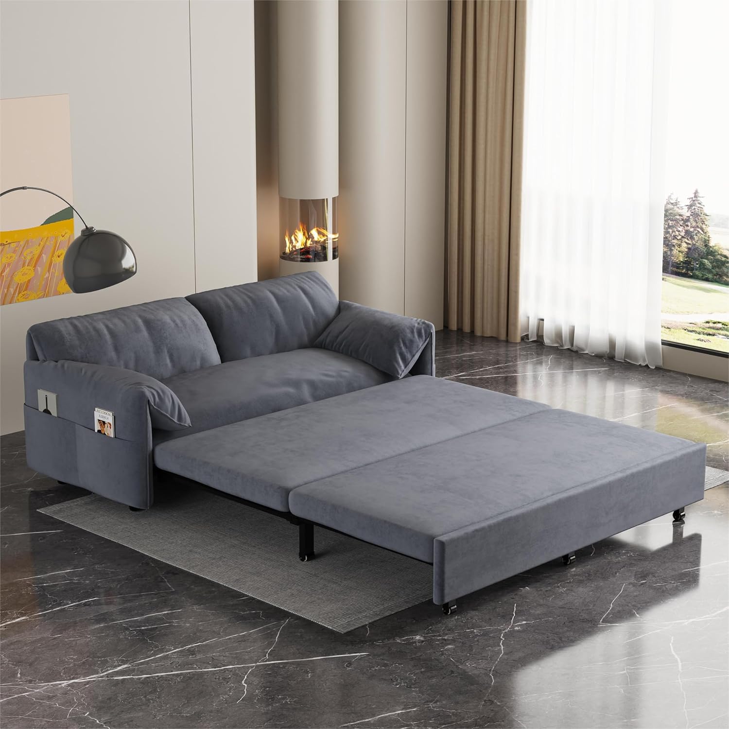 Queen Pull Out Sofa Bed 3-in-1 Convertible Sleeper with 2 Pillows, Velvet Loveseat, Grey J633351