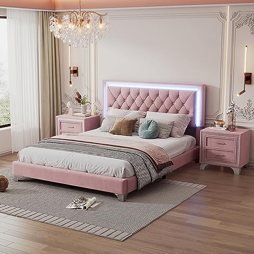 Queen Size Upholstered Platform Bed with LED Lights and 2 Nightstands E200234