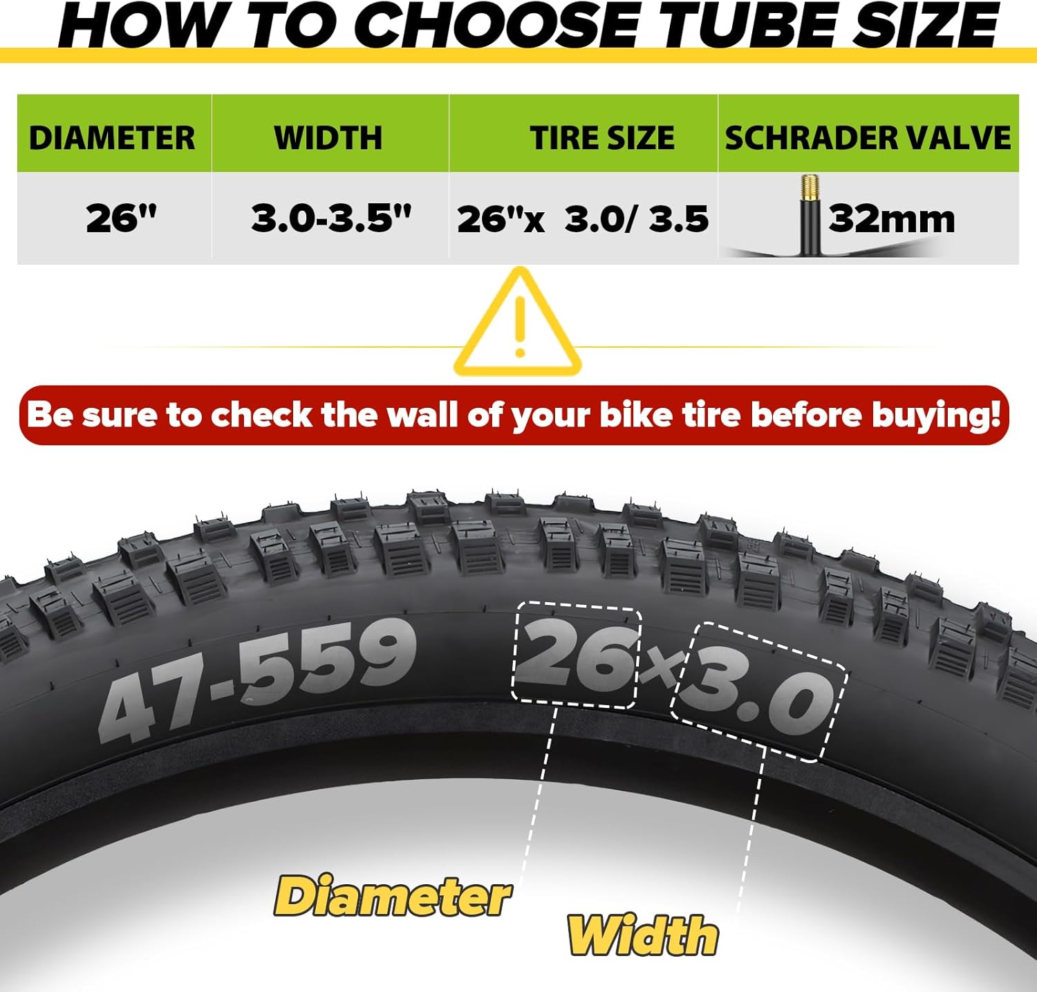 2 Pack 26x3.0-4.5 Fat Bike Tube with AV 32mm Valve and 2 Tire Levers Y929564