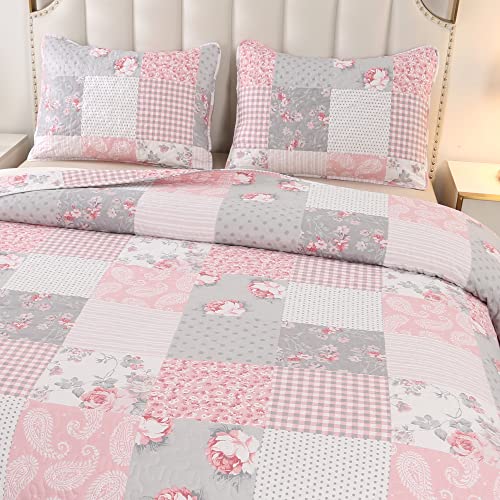Pink Plaid Patchwork Quilt Set with Reversible Floral Design R1794