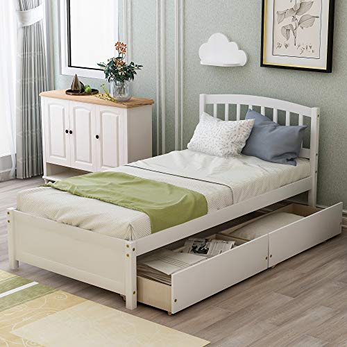Twin Platform Bed with 2 Storage Drawers, Solid Wood Frame with Headboard H569756