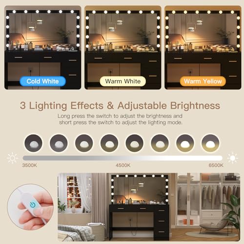 Vanity Desk with Lighted Mirror, 7 Drawers, 3 Lighting Colors, White X572