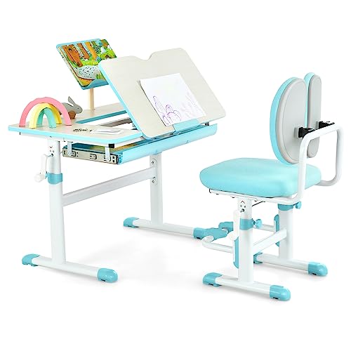 Costzon Kids Desk and Chair Set, Height-Adjustable Student Study Desk with Tiltable Desktop, Book Stand, Ergonomic Chair with Footrest, Writing Table & Chair Set for Boys Girls (Pink)