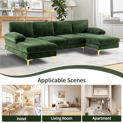 U-Shaped Sectional Couch for Living Room, 110 in Chenille 4 Seater with Double Chaises and Metal Legs T71007