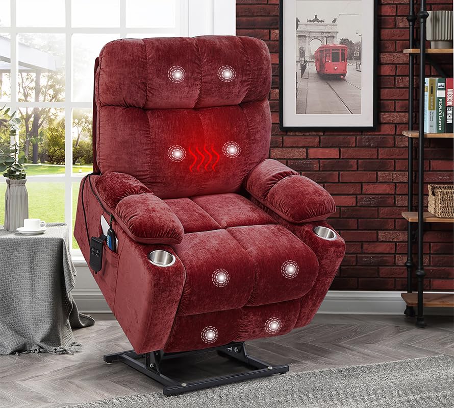 180° Lay Flat Power Lift Recliner Chair with Massage and Heat for Elderly, Dual Motor Upholstered Reclining Sofa with Infinite Position & 2 Side Pockets and Cup Holders for Living Room, Red