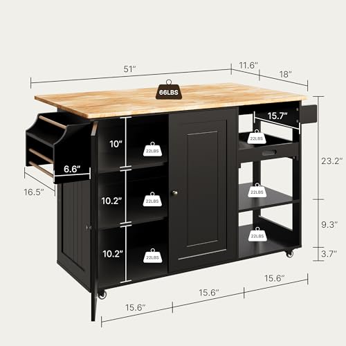 Rolling Kitchen Island with Drop Leaf, Wood Countertop, Storage Cabinet, White Q36361