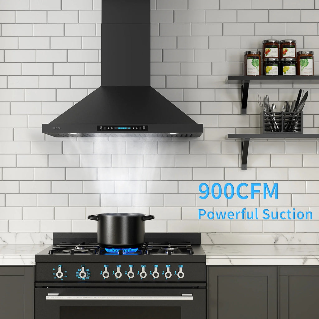30 inch Black Wall Mount Range Hood, 900 CFM Ducted/Ductless Stainless Steel Vent Hood with Touch Control R7436