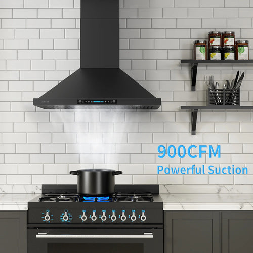 30 inch Black Wall Mount Range Hood, 900 CFM Ducted/Ductless Stainless Steel Vent Hood with Touch Control R7436