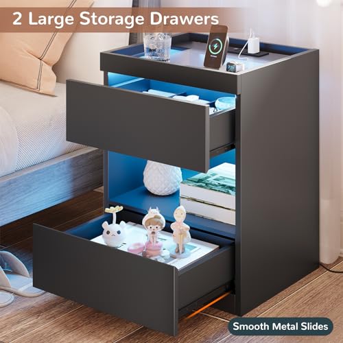 Set of 2 Nightstands with Charging Station and LED Lights, Glass Top Bedside Tables U913
