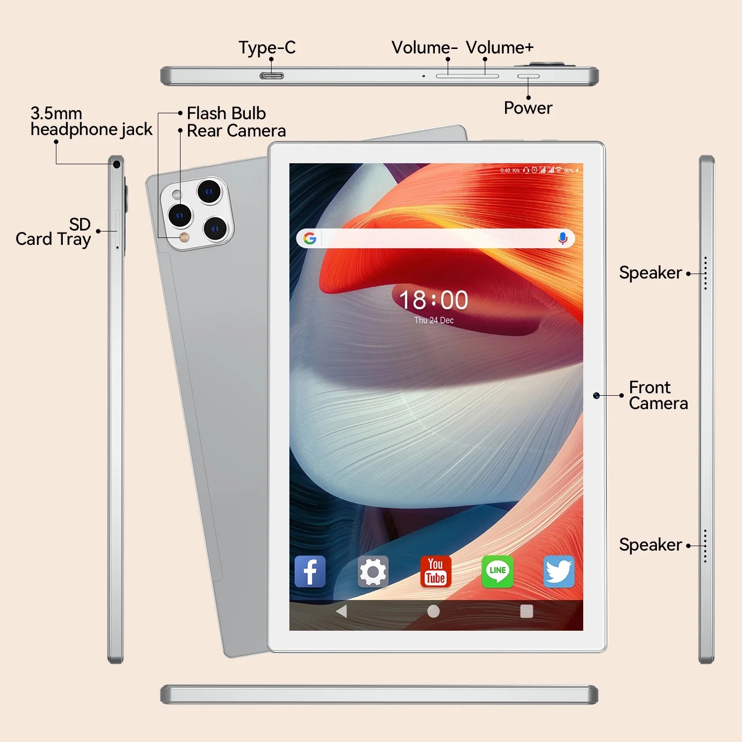 10.1 inch Android Tablet with 128GB Storage, White N558847