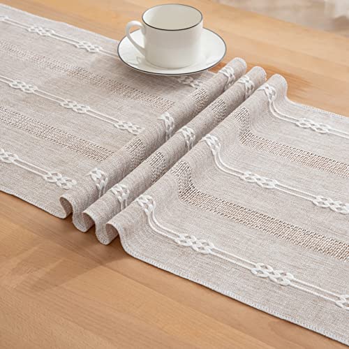 Rustic Linen Table Runner Striped Embroidered Boho 90 Inches Long Handmade Woven Tassel K657410
