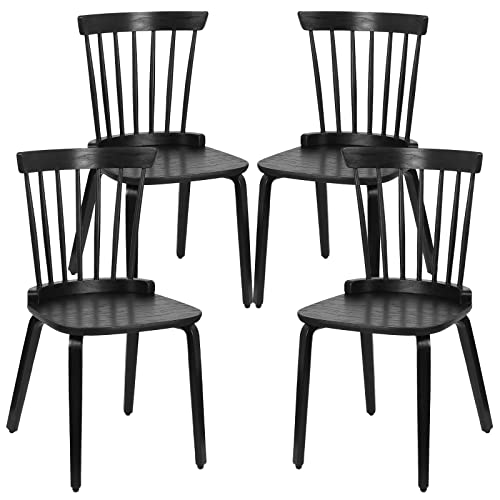 Farmhouse Dining Chairs Set of 4, Solid Wood Windsor Side Chair with Bentwood Legs Armless Black Spindle Back Kitchen Chairs for Dining Room Living Room, Black
