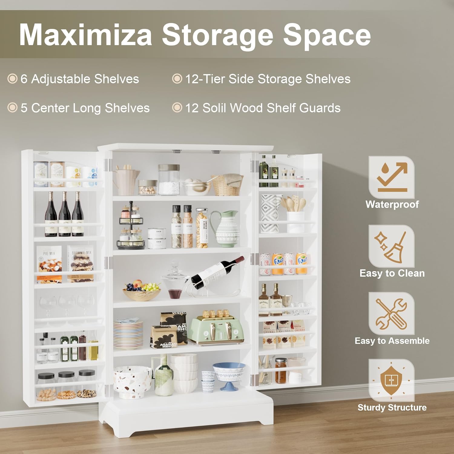 Kitchen Pantry Storage Cabinet with Doors and Adjustable Shelves, White I4469