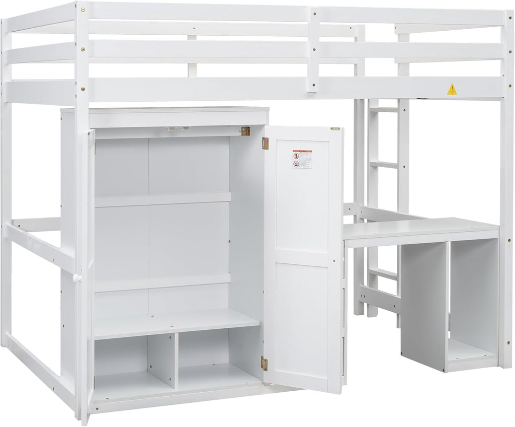Loft Bed with Desk, Storage Drawers & Wardrobe for Kids, Solid Wood with Ladder and Safety Guardrails, White O62015