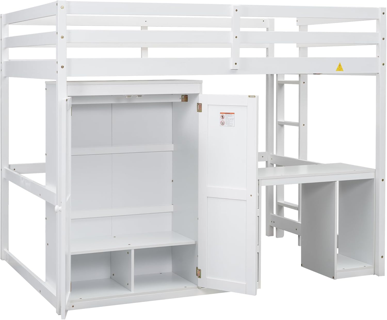 Loft Bed with Desk, Storage Drawers & Wardrobe for Kids, Solid Wood with Ladder and Safety Guardrails, White O62015