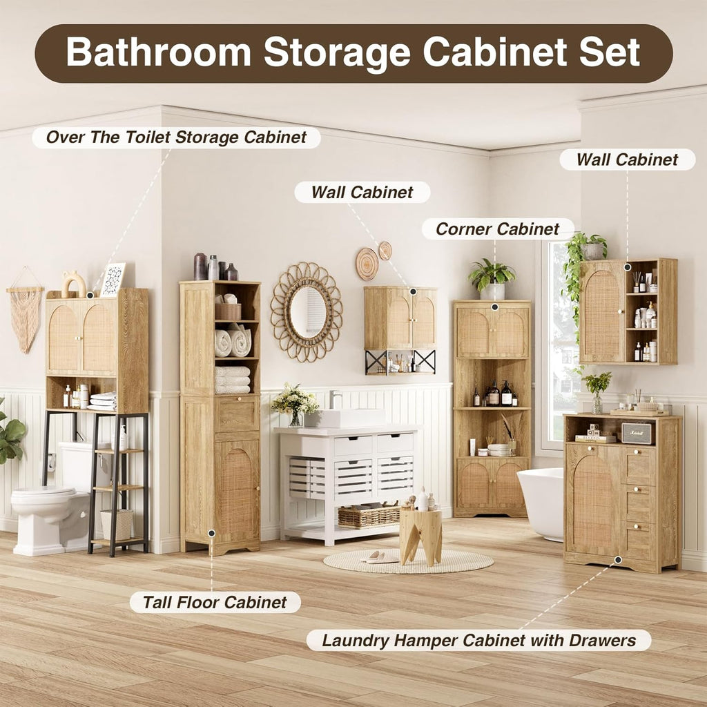 Linen Bathroom Storage Cabinet with Rattan Doors and Drawer K20674