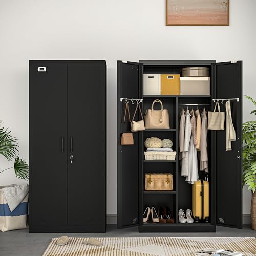 Steel Armoire Wardrobe Closet, 71" Metal Clothing Storage Cabinets with 2 Doors, 1 Adjustable Shelf and 2 Drawers, Metal Wardrobe Cabinet with Hanging Rod for Bedroom, Gym, Cloak Room (Black)