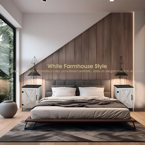 Farmhouse Nightstands Set of 2 with Charging Station, Rustic Bedside Table with Storage, White E21715