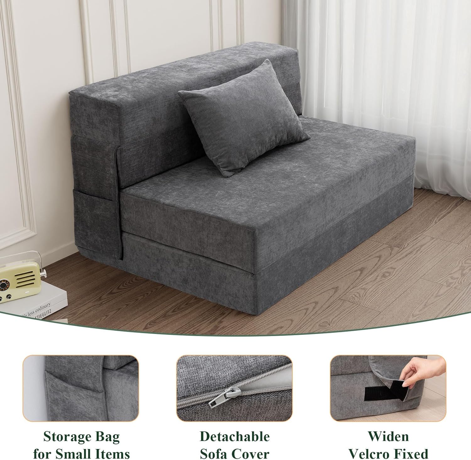 Folding Sofa Bed Convertible Sleeper Chair with Pillow, Gray W540