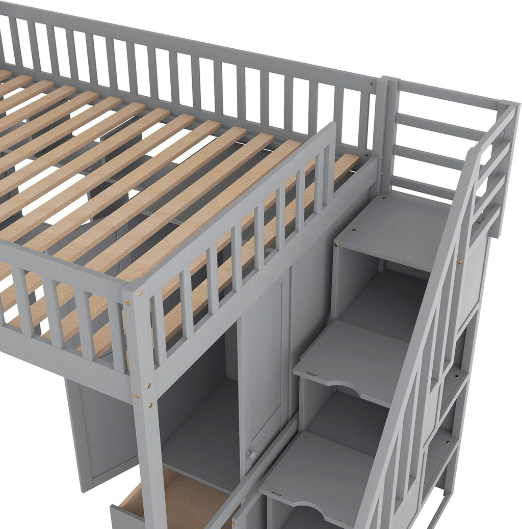 Full Size Loft Bed with Stairs, Desk, Bookshelf, Storage Drawers and Wardrobe, Solid Wood Frame Y463750