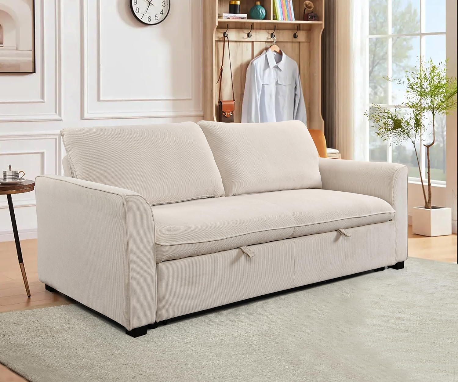 78 Inch 3 in 1 Convertible Sleeper Sofa Bed, Fabric Loveseat Futon with Pullout Bed, Beige J804965