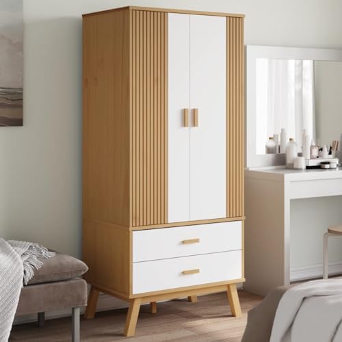 Wood Wardrobe Closet, Bedroom Armoire Closet, Solid Wood Wardrobe Armoire Closet Storage Cabinet with 2 Drawers and 1 Large Compartment, Gray and Brown 30.1"x20.9"x67.7"