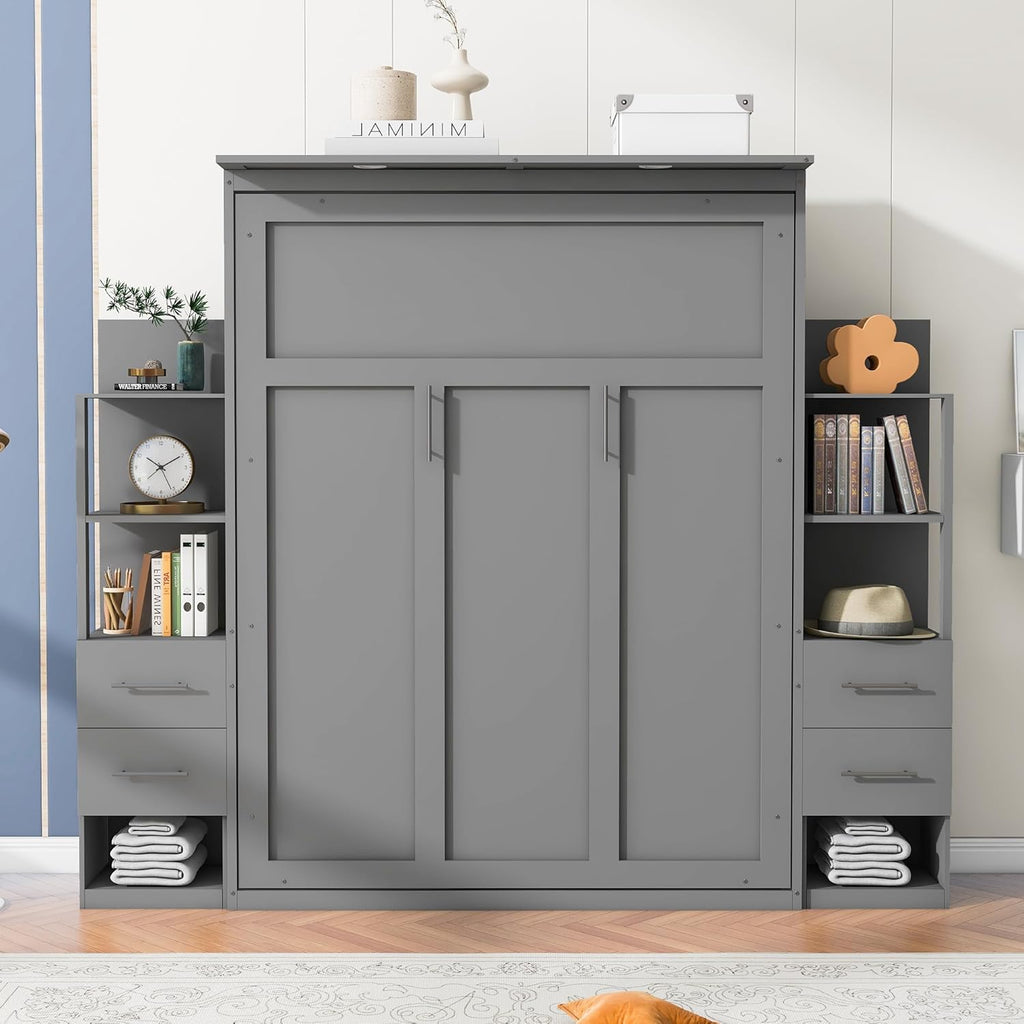 Queen Size Murphy Bed with Drawers and Storage Shelves X1054