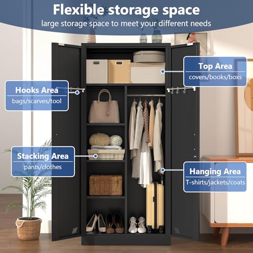 Metal Armoire Wardrobe with 2 Doors, 2 Drawers and Hanging Rod A8541