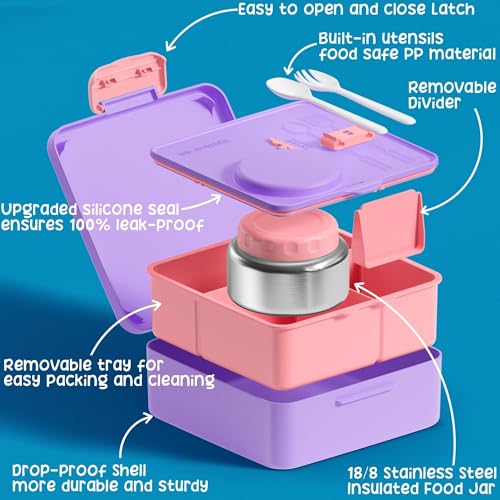 Bento Box for Kids Adults - Leakproof 3 Compartments Lunch Set with Thermos, Water Bottle, Lunch Bag & Cutlery C614861