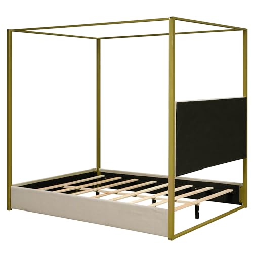 Canopy Platform Bed with Headboard and Metal Frame, Queen Size, Beige P487