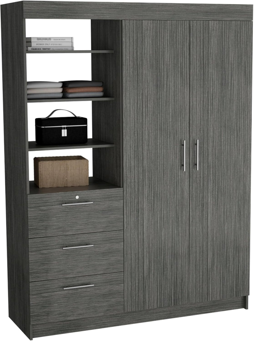 Wooden Wardrobe with 2 Doors, 3 Drawers, Shelves and Hanging Rod L67527