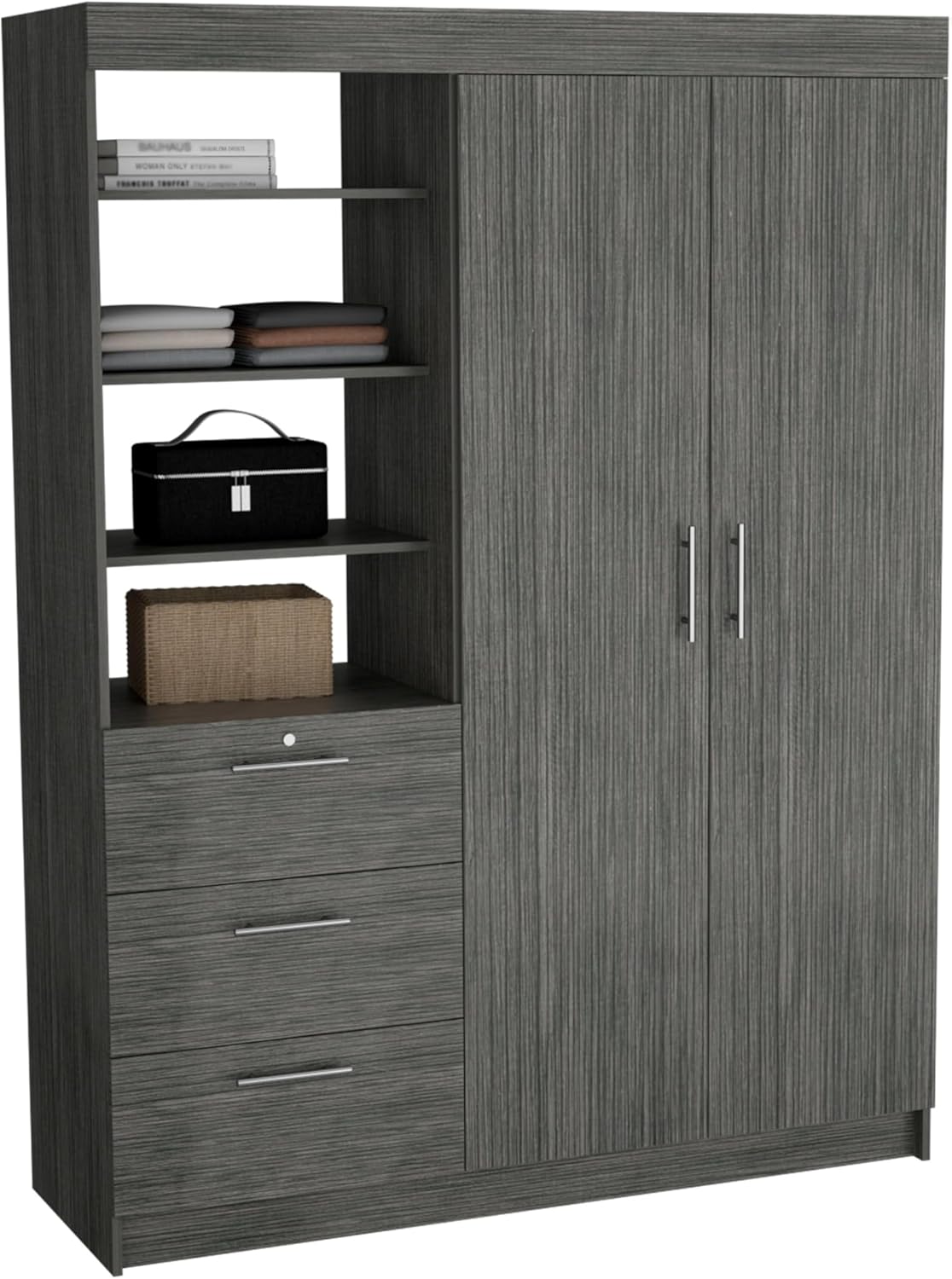 Wooden Wardrobe with 2 Doors, 3 Drawers, Shelves and Hanging Rod L67527
