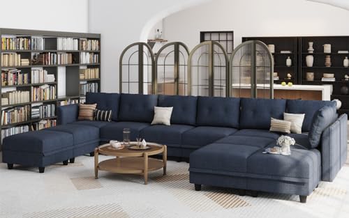 Modular Sectional Sofa with Chaise, 8 Seater Reversible L Shaped Couch, Denim Blue H471
