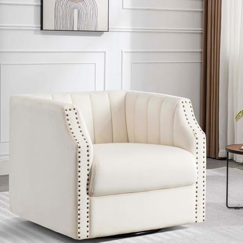 Swivel Barrel Chair Set of 2 360° Curved Accent Chairs Upholstered Comfy Single Sofa Chairs Modern Home Corner Barrel Chair with Brass Rivets for Living Room, Bedroom, Home Office (2)